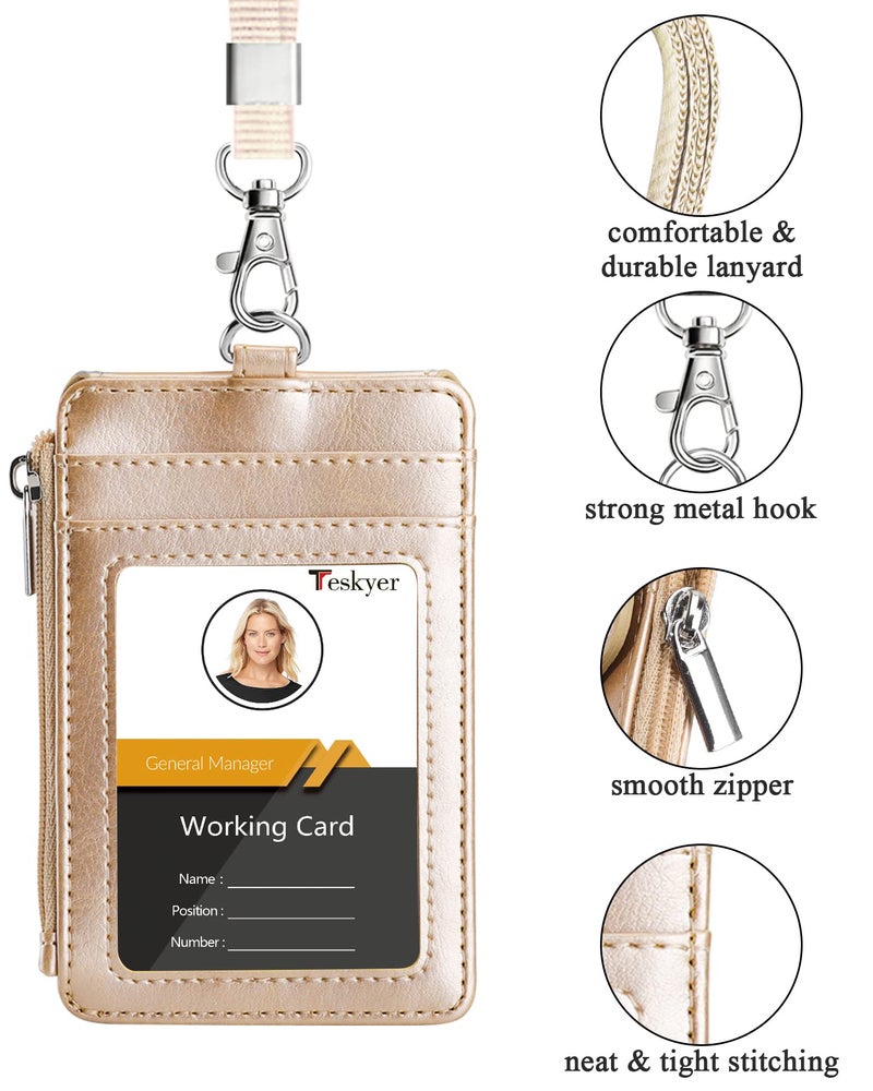 Teskyer Badge Holder with Side Zip Pocket, Multiple Card Slots Leather ID Holder Wallet with Neck Lanyard for Office Staffs, Teachers/Students, Couriers, Workers, Gold - Image 3